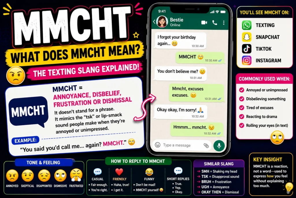 Illustration explaining the meaning of “MMCHT” in texting slang, featuring bold MMCHT lettering, smartphone chat bubbles, social media icons, and a visual guide to its usage in online conversations and messages.
