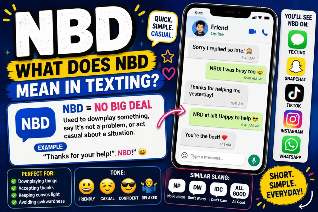 Colorful infographic explaining what NBD means in texting, featuring a smartphone chat example, the definition “NBD = No Big Deal,” social media platforms like Snapchat, TikTok, Instagram, and WhatsApp, plus common uses, tone indicators, and related slang terms.