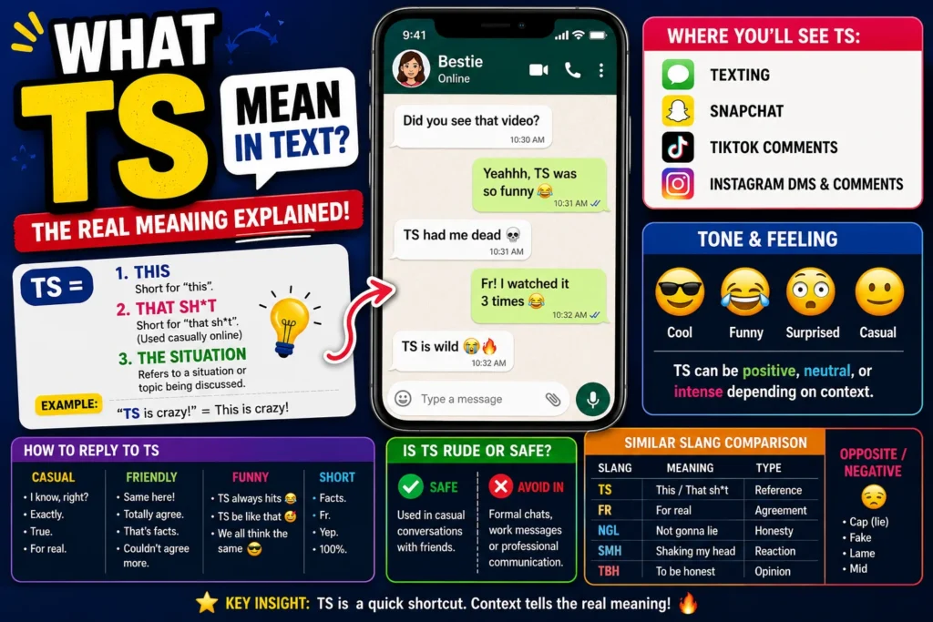Illustration explaining “TS” meaning in text messages, featuring a smartphone chat screen with TS highlighted and icons representing texting, social media, and online conversations.