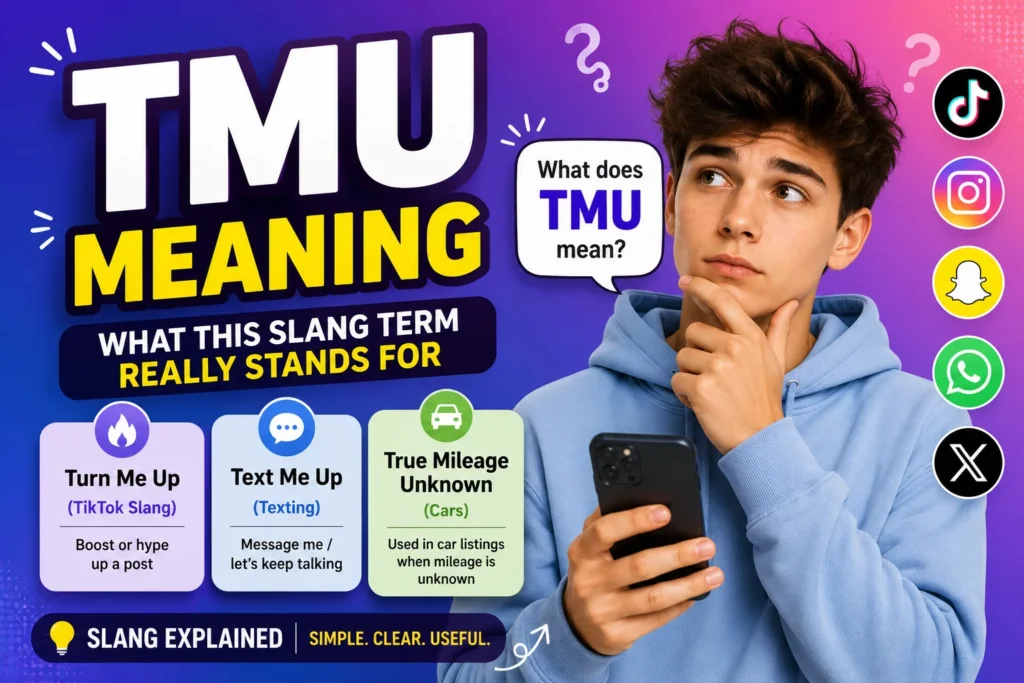 Featured image explaining TMU meaning in slang with a young man holding a smartphone and the three common meanings: Turn Me Up, Text Me Up, and True Mileage Unknown.