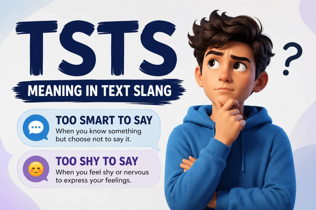 "Featured image for 'TSTS meaning in text slang' showing the acronym TSTS with its two possible meanings, 'Too Smart To Say' and 'Too Shy To Say,' alongside a thoughtful cartoon-style character expressing curiosity."