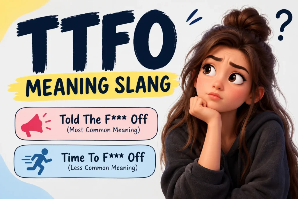 "Featured image for 'TTFO meaning slang' showing the acronym TTFO with its two meanings, 'Told The F* Off' and 'Time To F*** Off,' alongside a thoughtful cartoon-style young woman expressing curiosity and confusion."**