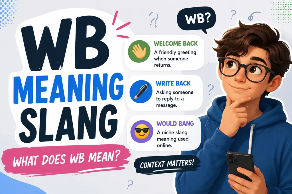 Illustration of a young person holding a smartphone beside the text "WB Meaning Slang," highlighting the possible meanings: "Welcome Back," "Write Back," and the niche meaning "Would Bang," with a colorful modern internet slang design.