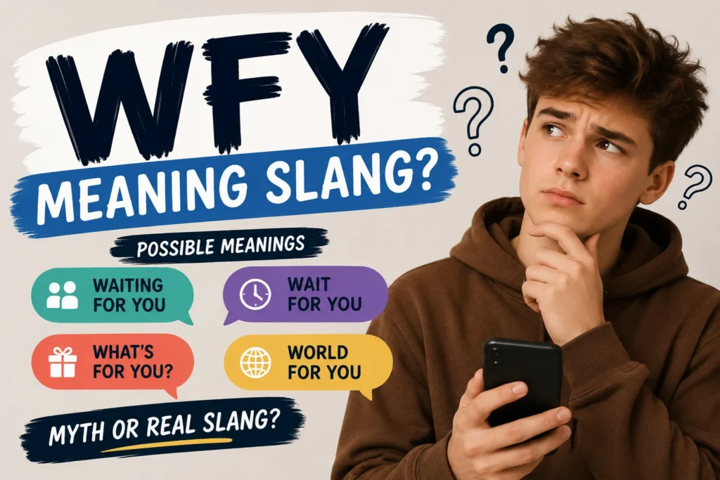 "Featured image for 'WFY Meaning Slang' showing a thoughtful young man holding a smartphone beside the title 'WFY Meaning Slang?' with possible meanings including 'Waiting for You,' 'Wait for You,' 'What's for You?,' and 'World for You,' plus the phrase 'Myth or Real Slang?' on a clean modern background."