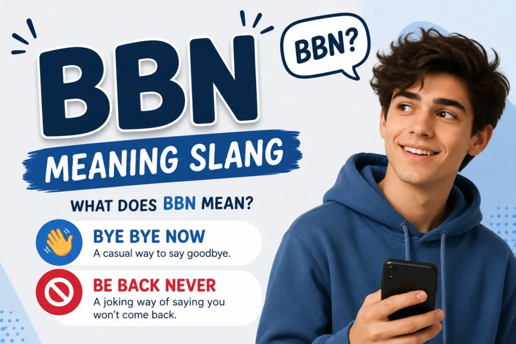 Illustration of a smiling young man holding a smartphone next to the text "BBN Meaning Slang," highlighting the possible meanings "Bye Bye Now" and the less common "Be Back Never" in a colorful, modern internet slang infographic.