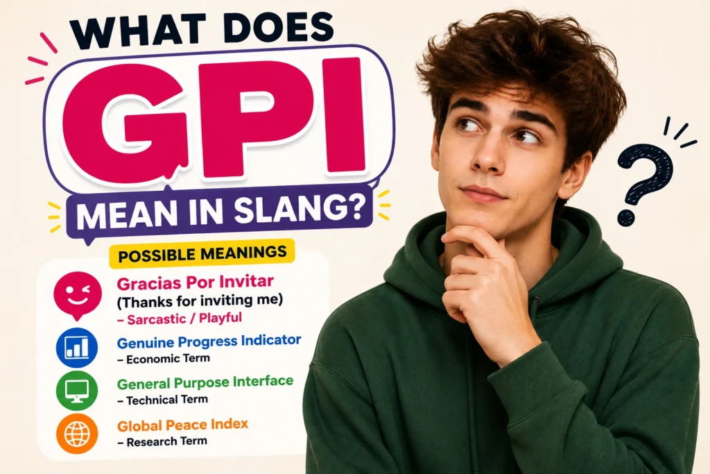 Featured image for "What Does GPI Mean in Slang?" showing a thoughtful young man in a green hoodie beside the keyword GPI and its possible meanings, including Gracias Por Invitar (Thanks for inviting me), Genuine Progress Indicator, General Purpose Interface, and Global Peace Index, with colorful icons representing each meaning.