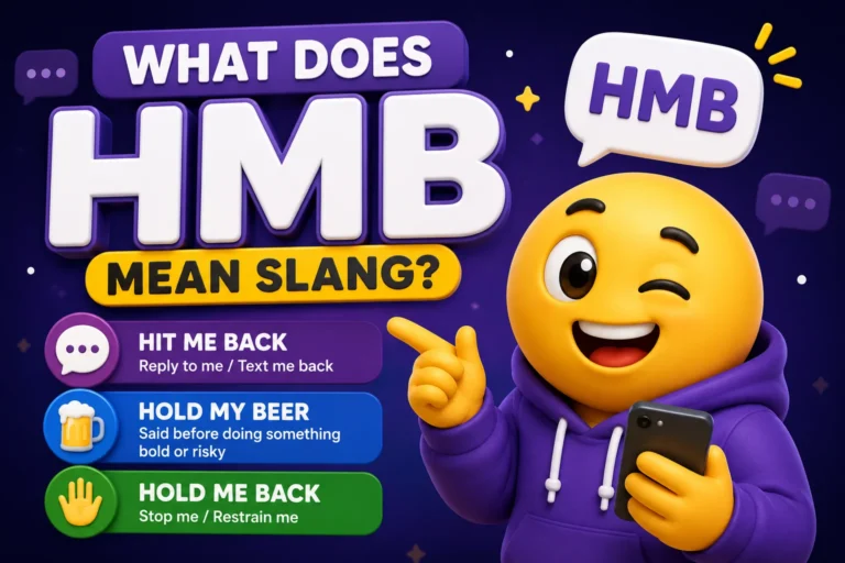 Featured image for "What Does HMB Mean Slang?" showing a cheerful 3D emoji mascot in a purple hoodie holding a smartphone and pointing at the keyword HMB, alongside its common meanings: Hit Me Back, Hold My Beer, and Hold Me Back, with colorful chat, beer, and stop-hand icons on a vibrant purple background.