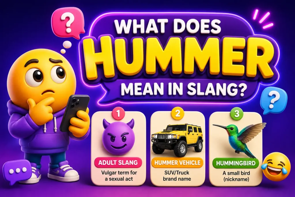 "Featured illustration explaining what 'Hummer' means in slang, showing a thoughtful 3D emoji character holding a smartphone alongside the keyword 'Hummer' and its possible meanings, including adult slang, the Hummer vehicle, and hummingbird, on a colorful social media-themed background."