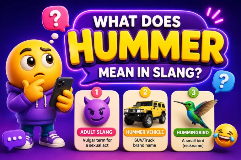 "Featured illustration explaining what 'Hummer' means in slang, showing a thoughtful 3D emoji character holding a smartphone alongside the keyword 'Hummer' and its possible meanings, including adult slang, the Hummer vehicle, and hummingbird, on a colorful social media-themed background."